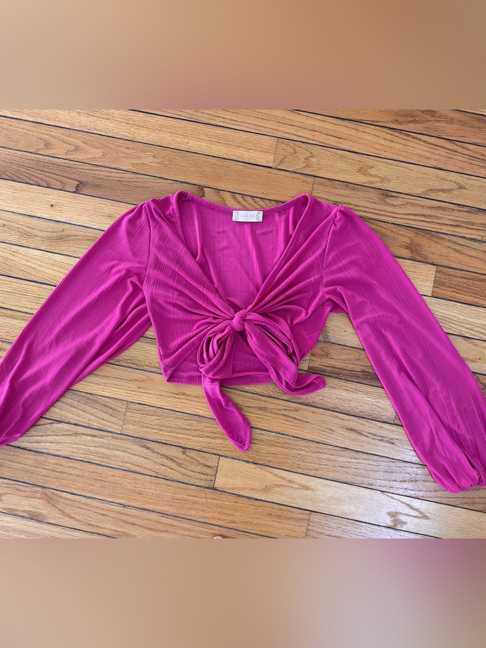 Alter’d State Fuchsia Ribbed Tie-Front Long Sleeve Crop Top